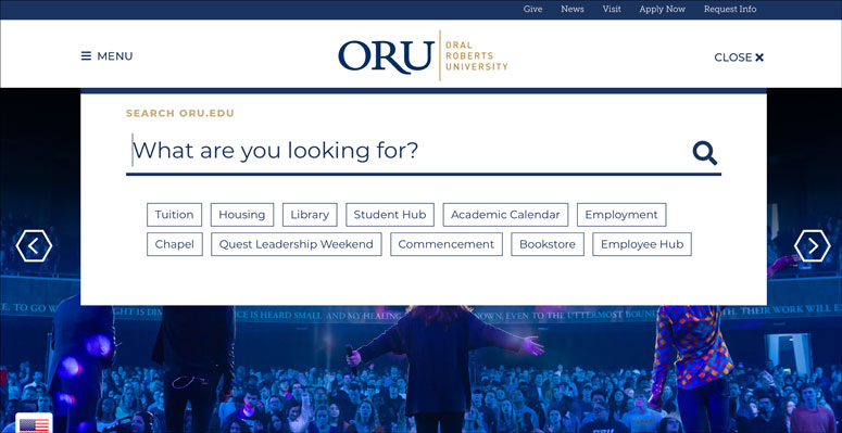 In addition to a search box, Oral Roberts University includes top search topics in its site search.